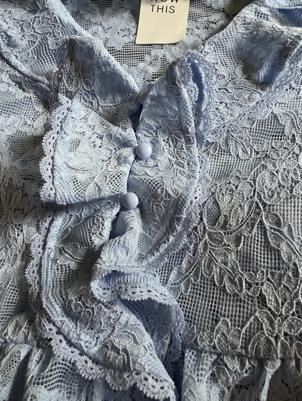 Sheer Lace Ruffle-Trim Blouse - Light Blue - Picture 9 of 11